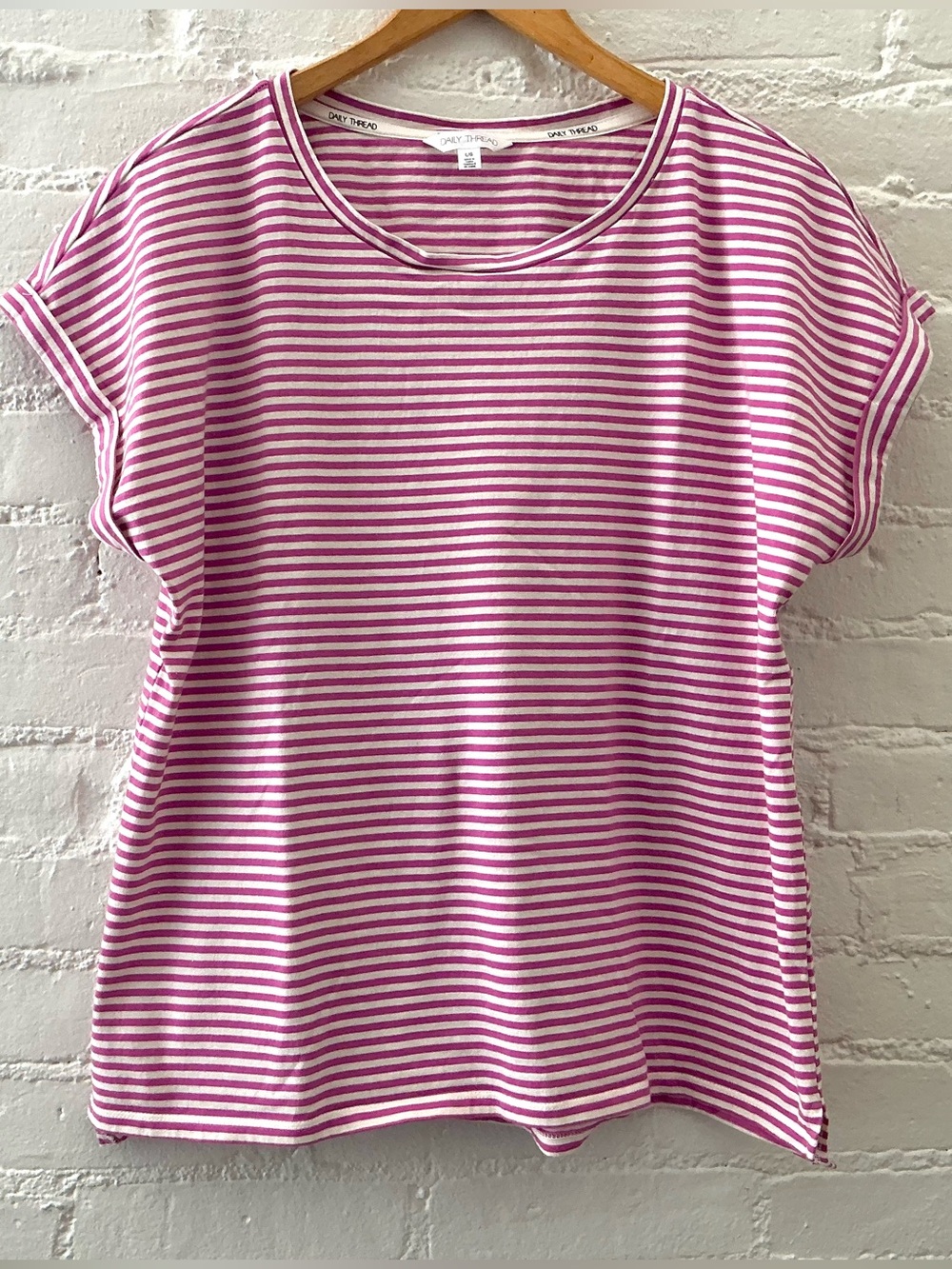 Daily Thread Striped Pullover Top Dolman Sleeves Pink White Summer Vacation Sz L